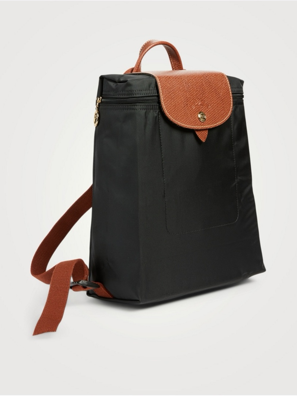Longchamp Le Pliage Original Black Backpack with Brown Leather Trim